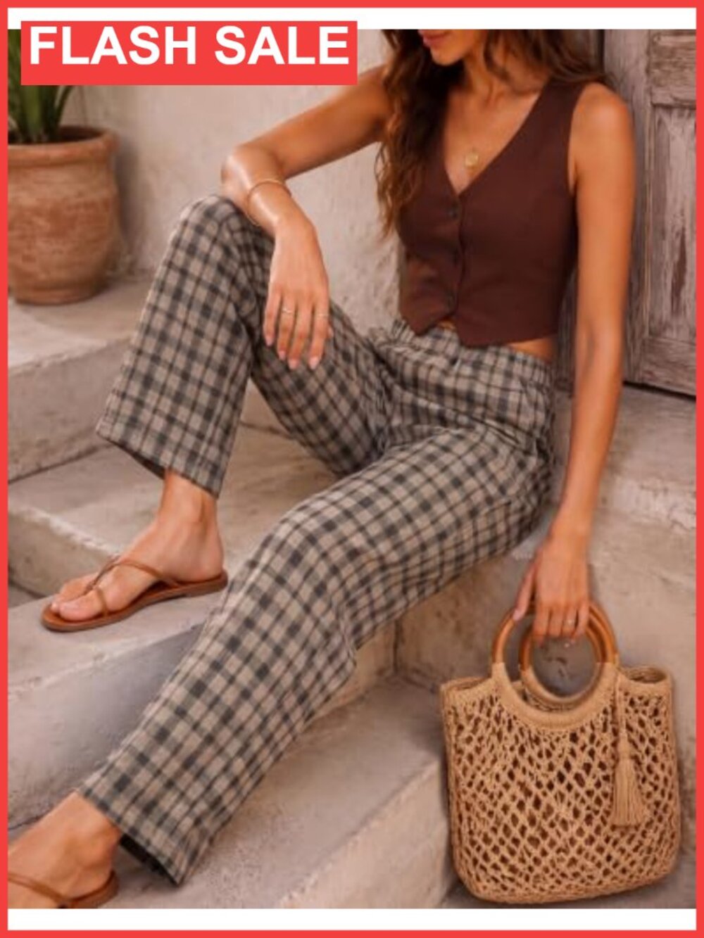 Plaid Wide Leg Pants High Elastic Waist Pull On Work Trousers - Picture 5 of 6